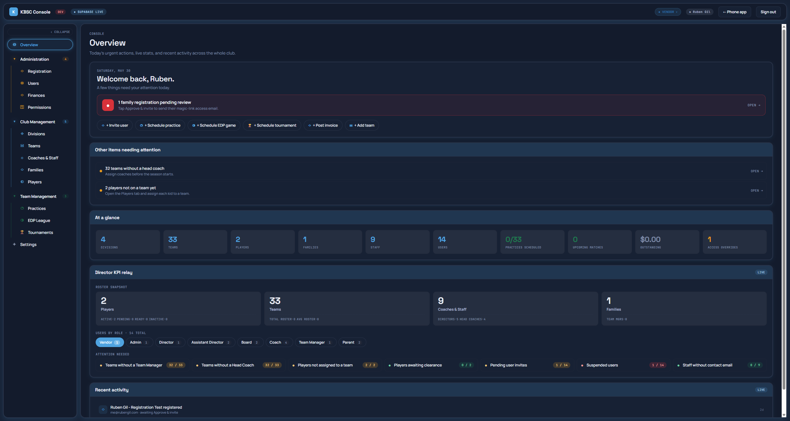 KBSC Platform — soccer club management console