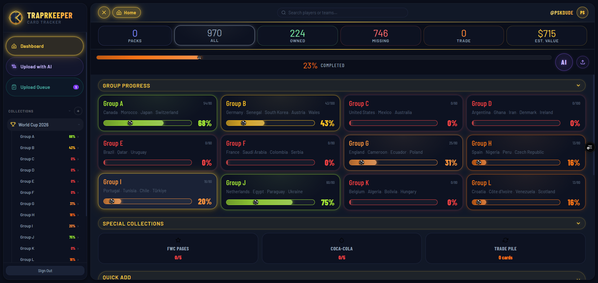 TraprKeeper — World Cup 2026 sticker tracker dashboard